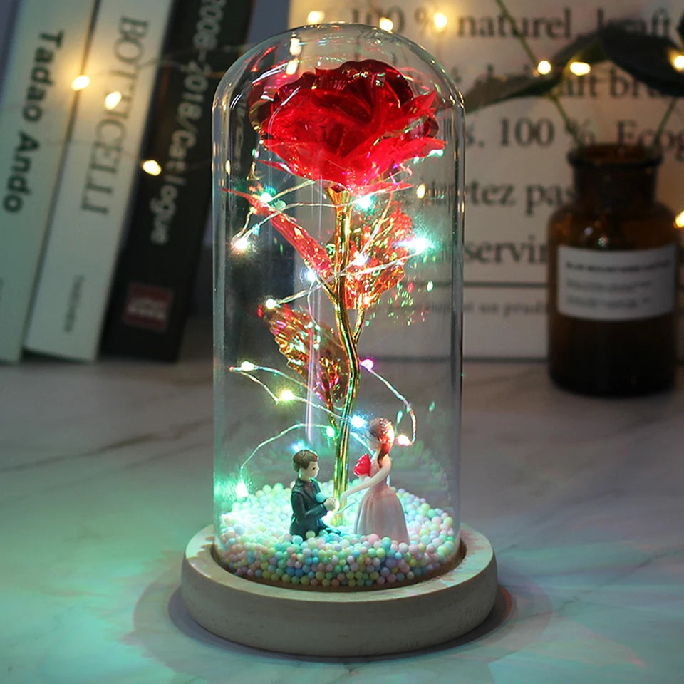 Rose enchantée éternelle, LED, en feuille d'or 24 carats avec guirlandes lumineuses féeriques dans une cloche pour cadeaux (Fête des Mères, Noël, Saint-Valentin, etc.)