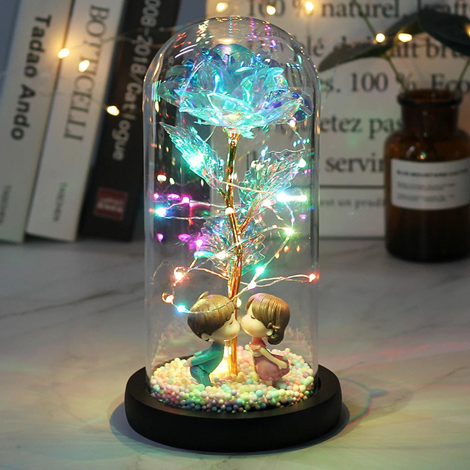 Rose enchantée éternelle, LED, en feuille d'or 24 carats avec guirlandes lumineuses féeriques dans une cloche pour cadeaux (Fête des Mères, Noël, Saint-Valentin, etc.)